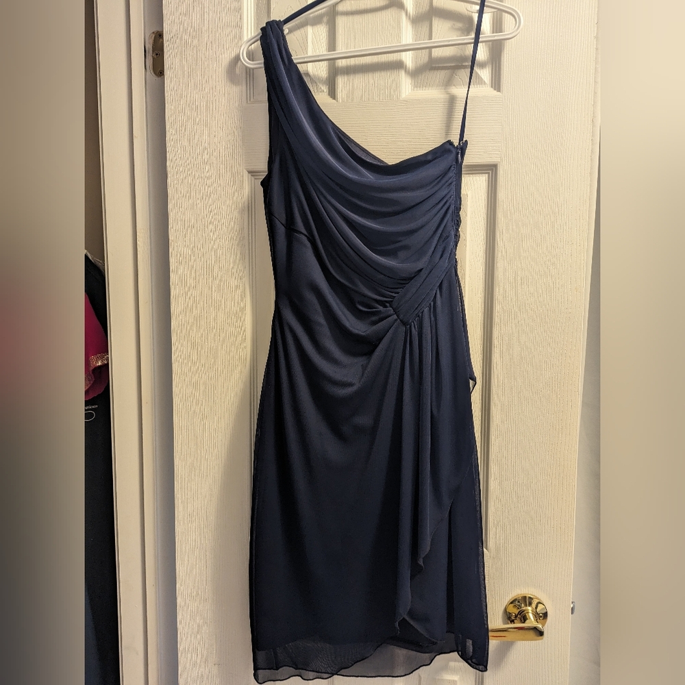One shoulder chiffon dress in navy blue, size M Le Chateau.